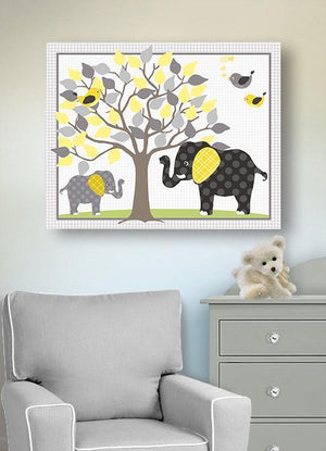 Elephant & Tree Nursery Decor - Yellow Gray Canvas Art for Kids Room - MuralMax Interiors