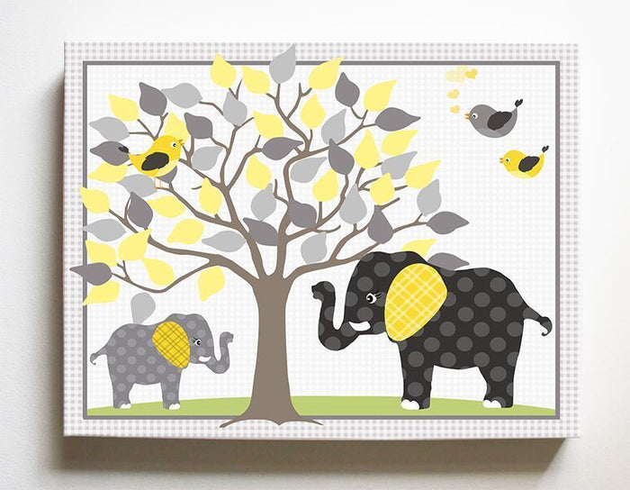 Elephant & Tree Nursery Decor - Yellow Gray Canvas Art for Kids Room