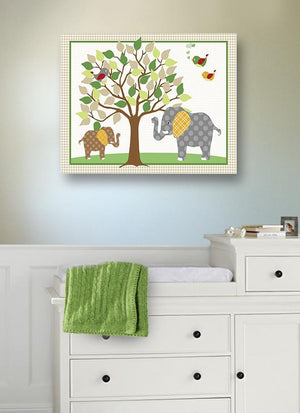 Elephant & Tree Nursery Wall Decor - Brown Green Baby Nursery Canvas Decor - MuralMax Interiors