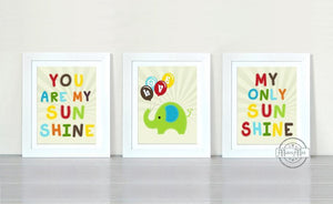 Elephant You Are My Sunshine Nursery Prints - Unframed Prints - Set of 3 Retro Art - MuralMax Interiors