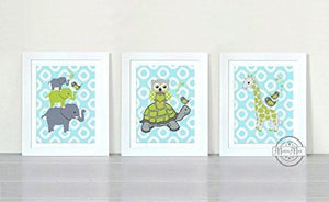 Elephants Giraffes Turtles & Friends Nursery Wall Art - Unframed Prints - Set of 3 Teal Gray Decor - MuralMax Interiors
