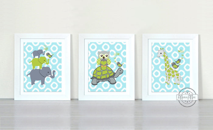 Elephants Giraffes Turtles & Friends Nursery Wall Art - Unframed Prints - Set of 3 Teal Gray Decor