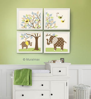 Elephants & Tree Garden Baby Nursery Decor - Unframed Prints - Set of 4 Nursery Art - MuralMax Interiors