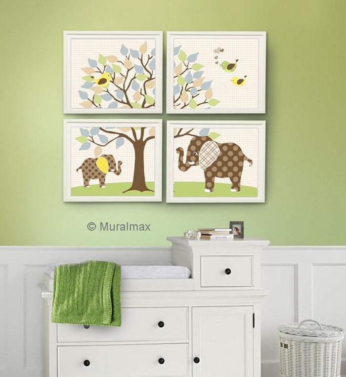 Elephants & Tree Garden Baby Nursery Decor - Unframed Prints - Set of 4 Nursery Art
