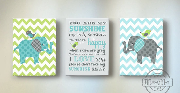 Elephants & You Are My Sunshine Canvas Nursery Art - Set of 3-Green Aqua Gray Room Decor