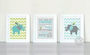 Elephants & You are My Sunshine Nursery Decor - Set of 3 - Unframed Prints-Aqua Gray Green Decor - MuralMax Interiors