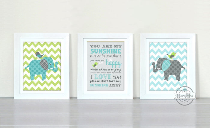 Elephants & You are My Sunshine Nursery Decor - Set of 3 - Unframed Prints-Aqua Gray Green Decor