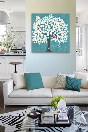 Family Tree Alternative Wedding Guest Book 100-150 Leaf Tree Canvas Wall Art - Couples Gift Unique Wall Decor - Turquoise - MuralMax Interiors