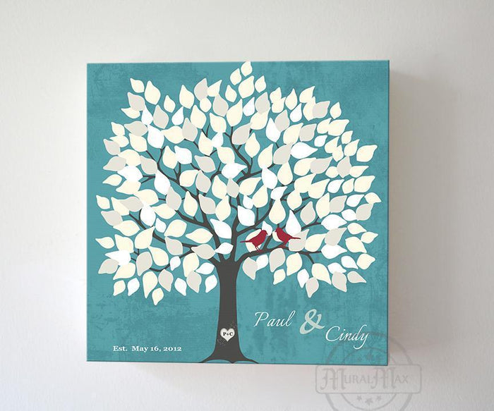 Family Tree Alternative Wedding Guest Book 100-150 Leaf Tree Canvas Wall Art - Couples Gift Unique Wall Decor - Turquoise
