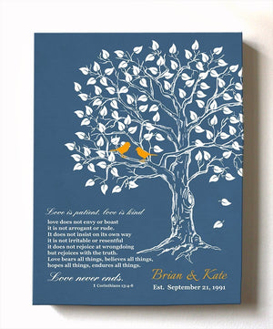 Family Tree Canvas Art - Love in Patience Family Tree Canvas Wall Art - Personalized Bible Verse Anniversary Gifts - Unique Wall Decor - Personalized Wedding & Anniversary Gift - Blue - MuralMax Interiors
