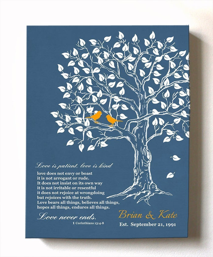 Family Tree Canvas Art - Love in Patience Family Tree Canvas Wall Art - Personalized Bible Verse Anniversary Gifts - Unique Wall Decor - Personalized Wedding & Anniversary Gift - Blue