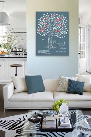 Family Tree & Lovebirds Canvas Wall Art - Personalized Unique Gift Wall Decor - Blue - MuralMax Interiors
