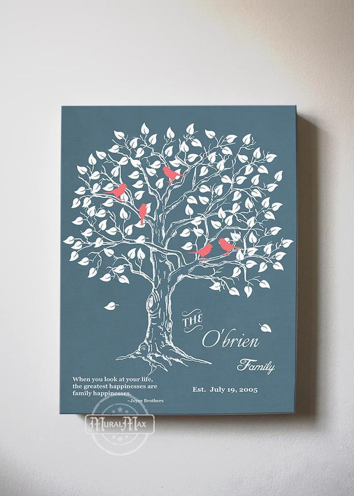 Family Tree & Lovebirds Canvas Wall Art - Personalized Unique Gift Wall Decor - Blue