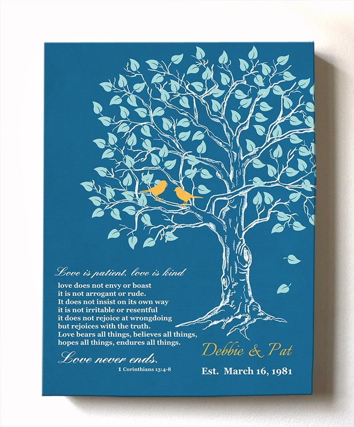 Family Tree & Lovebirds Anniversary Gift Custom Canvas Wall Art - Unique Wall Decor - Choose Your Color - Teal 3