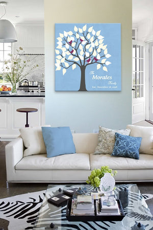 Family Tree With Love Birds Canvas Wall Art - Make Your Wedding & Anniversary Gifts Memorable - Color - Sky Blue - B01IFBS46C-MuralMax Interiors