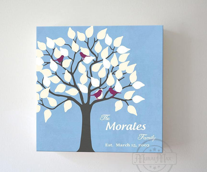 Family Tree With Love Birds Canvas Wall Art - Make Your Wedding & Anniversary Gifts Memorable - Color - Sky Blue - B01IFBS46C