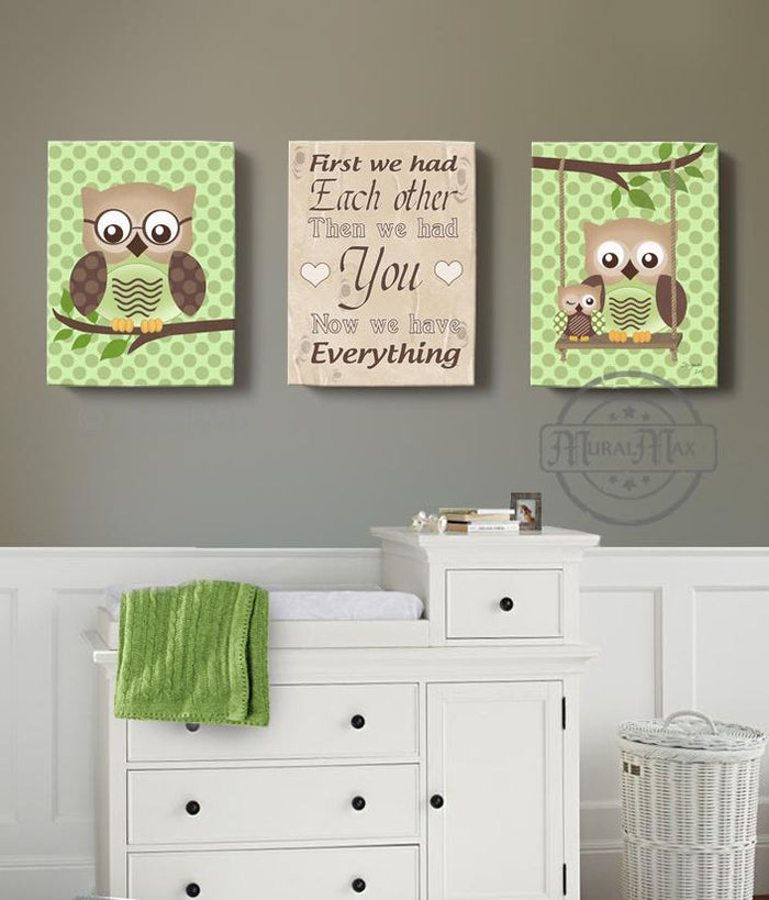First We Had Each Other Baby Owl Nursery Art  - Inspirational Quote Boys Room Decor - Set of 3 Canvas Art
