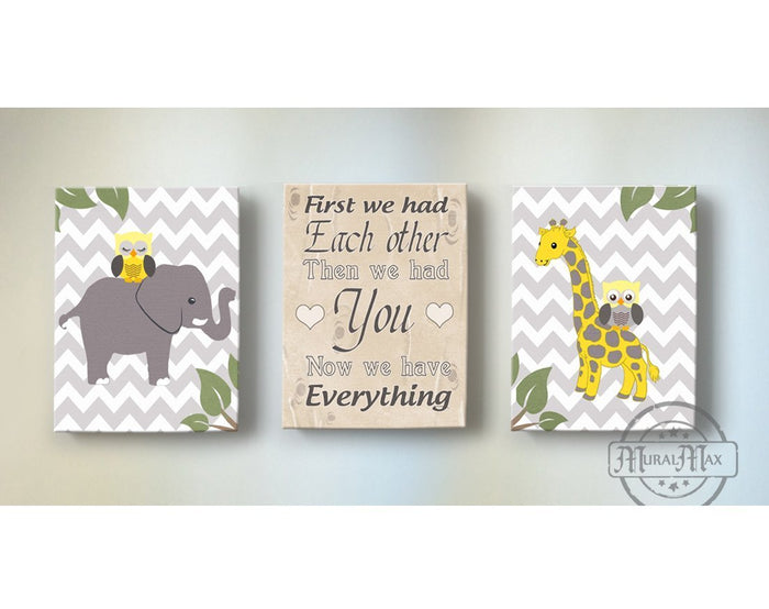 First We Had Each Other Nursery Art - Elephant & Giraffe Yellow & Gray Decor - Set of 3 Canvas Art