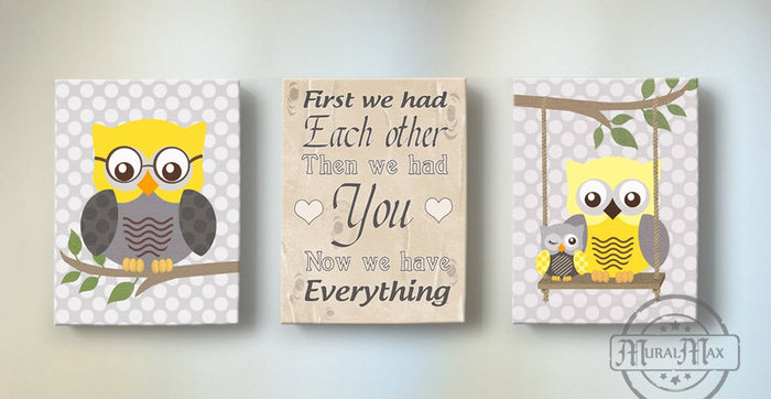 First We Had Each Other Owl Nursery Art - Set of 3 - Polka Dots Yellow Gray Decor - Canvas Art Decor