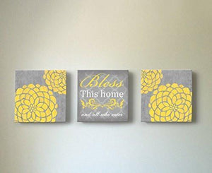 Floral Bless This Home & All Who Enter, Stretched Canvas Wall Art, Memorable Anniversary Gifts, Unique Wall Decor, Color, Yellow - 30-DAY - Set of 3-B018KOB6UK-MuralMax Interiors