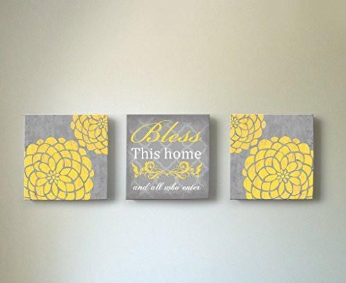 Floral Bless This Home & All Who Enter, Stretched Canvas Wall Art, Memorable Anniversary Gifts, Unique Wall Decor, Color, Yellow - 30-DAY - Set of 3-B018KOB6UK
