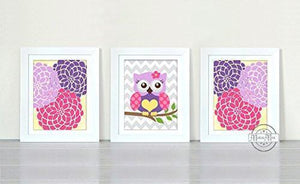 Floral Mums & Owl Girl Room Wall Art - Set of 3 - Unframed Prints-Pink Purple Decor-MuralMax Interiors