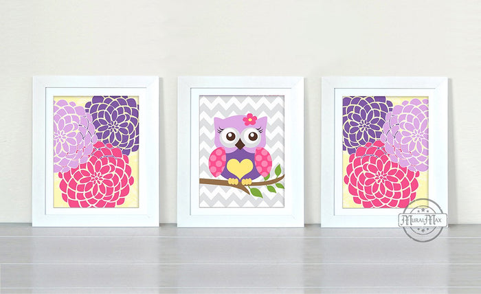 Floral Mums & Owl Girl Room Wall Art - Set of 3 - Unframed Prints-Pink Purple Decor