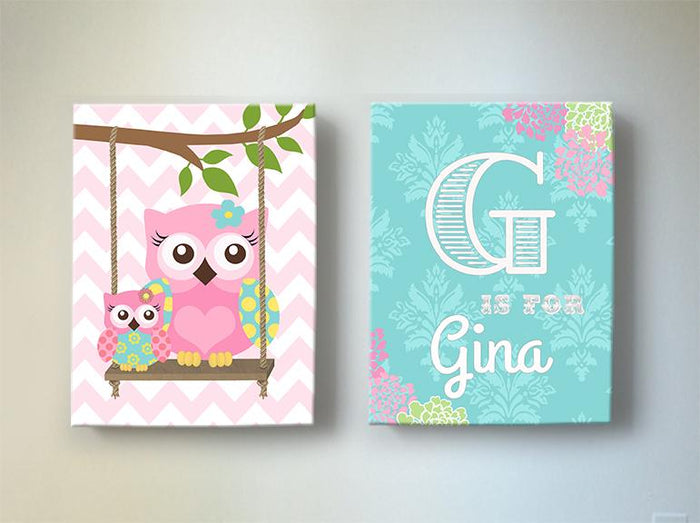 Floral Owl Baby Girl Nursery Art - Canvas Art -Pink Aqua Girl Room Decor - Set of 2