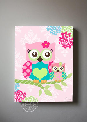 Floral Owl Canvas Art for Girl Nursery - Mom & Baby Owl Pink Teal Decor-MuralMax Interiors