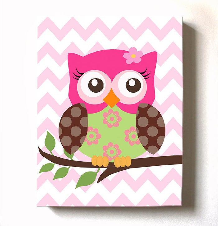 Floral Owl Canvas Decor - Hot Pink Brown Girl Room Wall Art