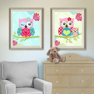Floral Owl Family Baby Nursery Art - Pink Teal Green Mom & Baby Owl - Unframed Prints - Set of 2-MuralMax Interiors