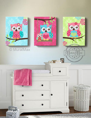 Floral Owl Family Girl Room Decor - Hot Pink Teal & Green Canvas Nursery Decor - Set of 3-MuralMax Interiors