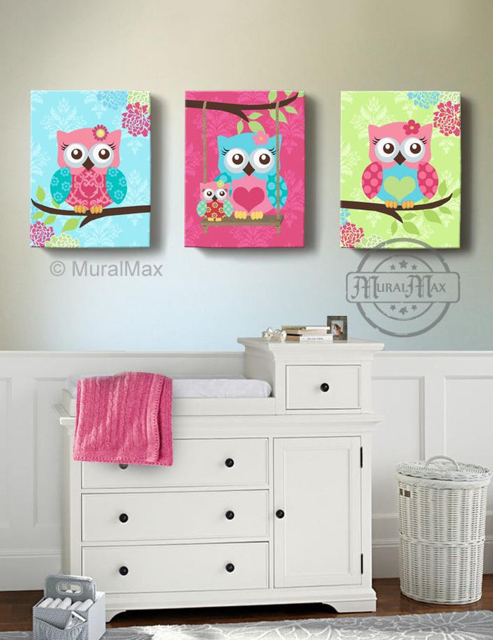 Floral Owl Family Girl Room Decor - Hot Pink Teal & Green Canvas Nursery Decor - Set of 3