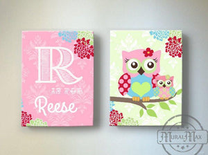 Floral Owls Girls Nursery Wall Art - Personalized Pink & Green Canvas Art Decor - Set of 2-MuralMax Interiors