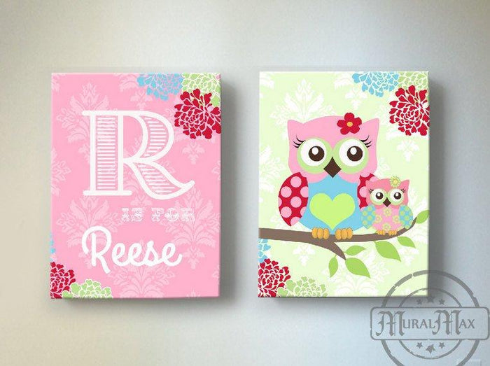Floral Owls Girls Nursery Wall Art - Personalized Pink & Green Canvas Art Decor - Set of 2