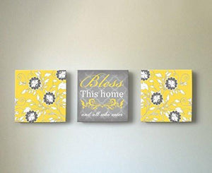 Flower - Bless This Home & All Who Enter, Stretched Canvas Wall Art, Memorable Anniversary Gifts, Unique Wall Decor, Color, Yellow - 30-DAY - Set of 3-B018KOBBAK-MuralMax Interiors