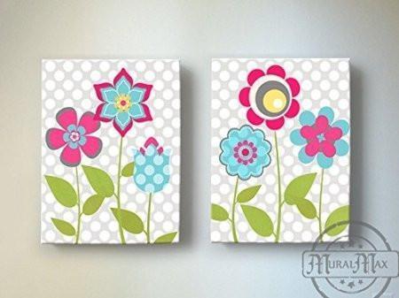 Flower Garden Nursery Theme - Canvas Wall Decor - Polka Dots & Flower Collection - Set of 2-B018ISMKJE
