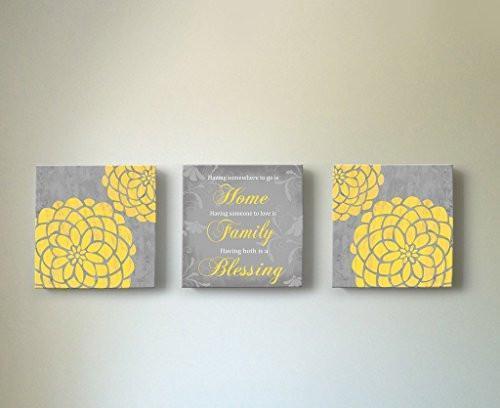Flowers - Home Family Blessing Quote, Stretched Canvas Wall Art, Memorable Anniversary Gifts, Unique Wall Decor, Color, Yellow - 30-DAY - Set Of 3-B018KOBOZC