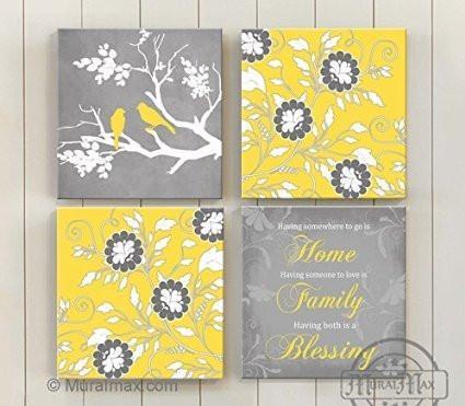 Flowers - Home Family Blessing Quote, Stretched Canvas Wall Art, Memorable Anniversary Gifts, Unique Wall Decor, Color, Yellow - 30-DAY - Set Of 4-B018KOC6HM