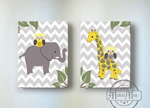 Gender Neutral Baby Nursery Art Elephant & Giraffe Safari Collection - Set of 3 - Canvas Art-MuralMax Interiors