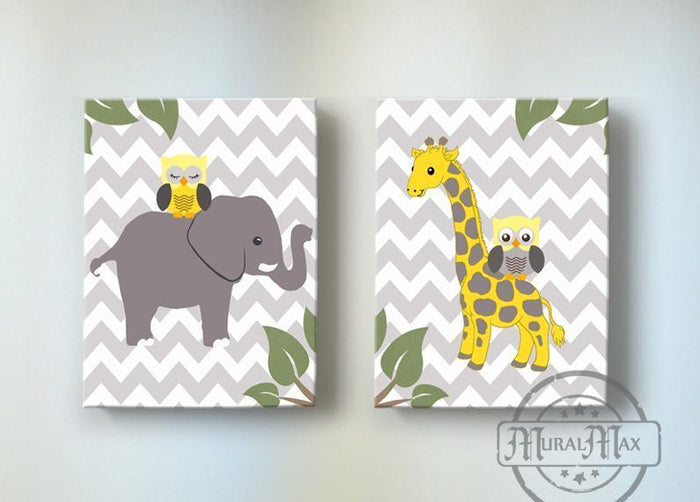 Gender Neutral Baby Nursery Art Elephant & Giraffe Safari Collection - Set of 3 - Canvas Art