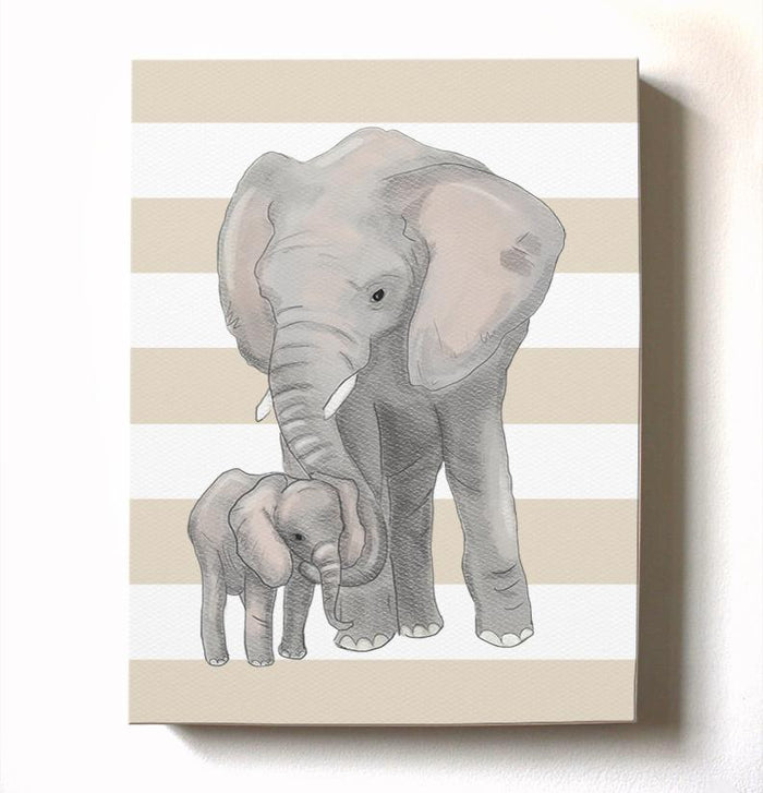 Gender Neutral Nursery Decor - Elephant Canvas Art for Kids Room - Mom & Baby Elephant Watercolor Painting
