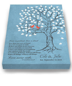 Gift For Her - Love is Patient Love is Kind Family Tree With Lovebirds - Anniversary and Christmas Gift - Blue # 1 - B01HWLKOLO-MuralMax Interiors