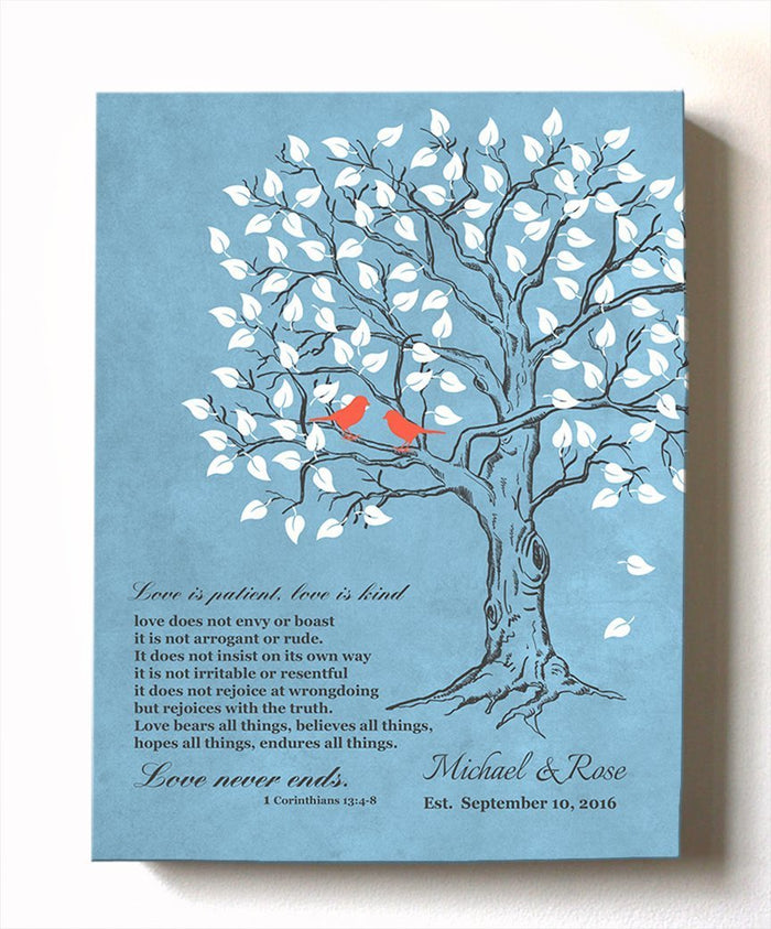 Gift For Her - Love is Patient Love is Kind Family Tree With Lovebirds - Anniversary and Christmas Gift - Blue # 1 - B01HWLKOLO