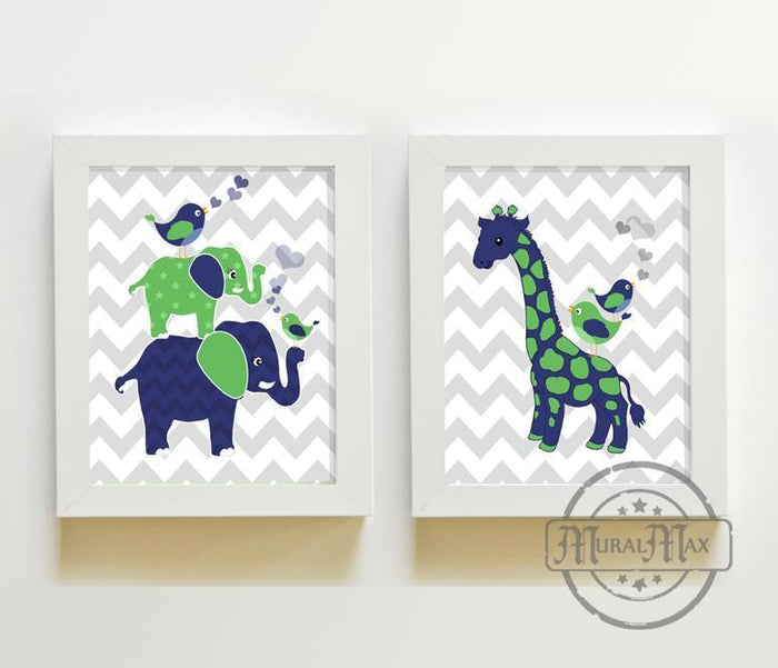 Giraffe & Elephant Nursery Art - Chevron Navy Green Decor Unframed Prints - Set of 2