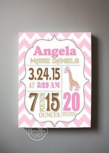 Girl Baby Birth Announcement - Modern Chevron Giraffe Nursery Decor - Baby Shower Gift - (Pink & Brown) - Canvas Art - B019017AHK