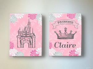 Girl Nursery Decor Princess Art - Personalized Princess Crown & Castle Canvas Decor - Set of 2-MuralMax Interiors