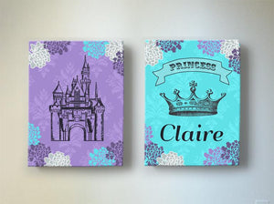 Girl Nursery Decor Princess Art - Personalized Princess Crown & Castle Canvas Decor - Set of 2-MuralMax Interiors