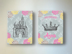 Girl Nursery Decor Princess Art - Personalized Princess Crown & Castle Canvas Decor - Set of 2-MuralMax Interiors