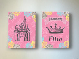 Girl Nursery Decor Princess Art - Personalized Princess Crown & Castle Canvas Decor - Set of 2-MuralMax Interiors